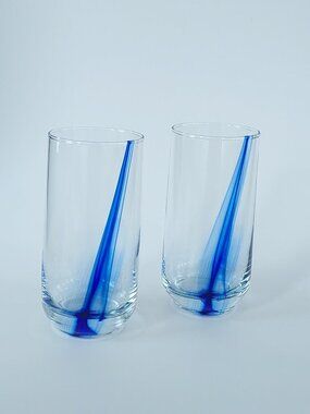 Set of 2 Vintage Libbey Blue Ribbon Cobalt Swirl Highball Glasses 16 oz 6"